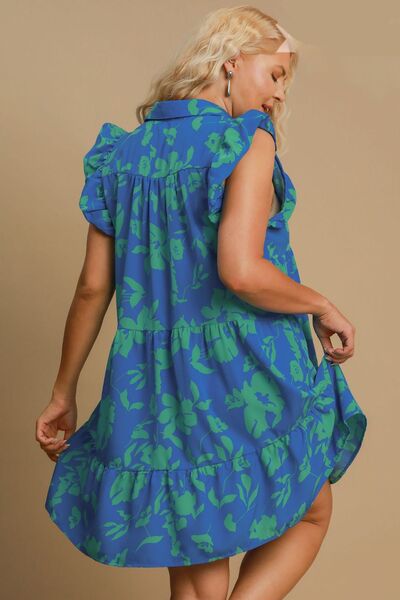 Umgee Blue Floral Print Ruffle Cap Sleeve Tiered Dress