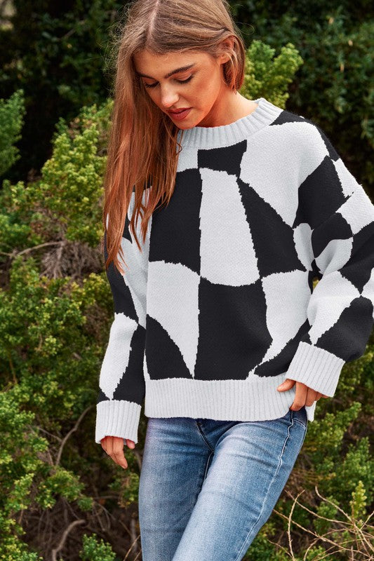 Davi & Dani Multi Geo Checker Pullover Knit Sweater Top WHITE BLACK Davi & Dani