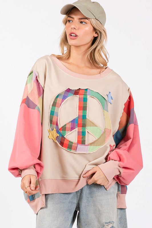 SAGE + FIG Coral Contrast Peace Patch Dropped Shoulder Sweatshirt