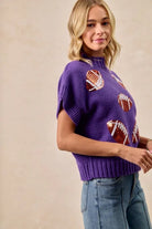 BiBi Purple Game Day Sequin Football Patches Rib Banded Sweater