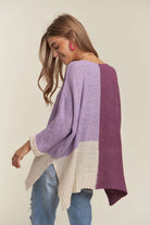 ADORA Deep Purple Side Slit Color Block Long Sleeve Sweater