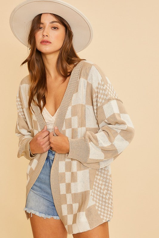 Annie Wear Checkered Open Front Drop Shoulder Cardigan Tan