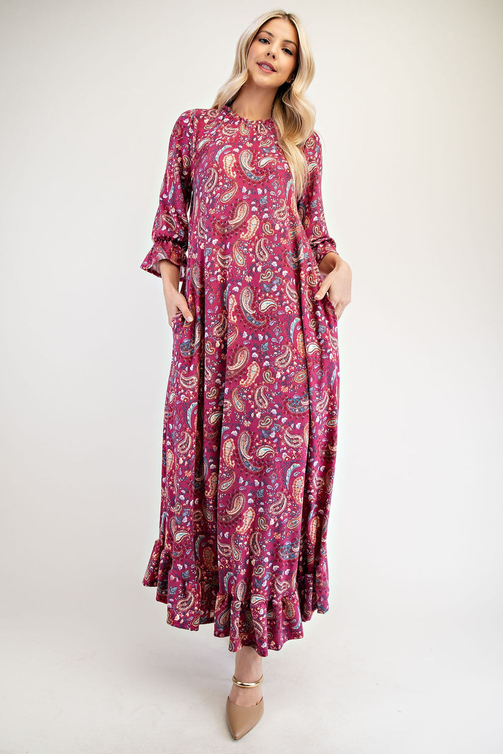 Celeste Cerise Ruffle Hem Paisley Round Neck Maxi Dress Cerise Dresses