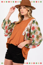 SAGE + FIG Caramel Printed Balloon Sleeve Contrast Top Trendsi