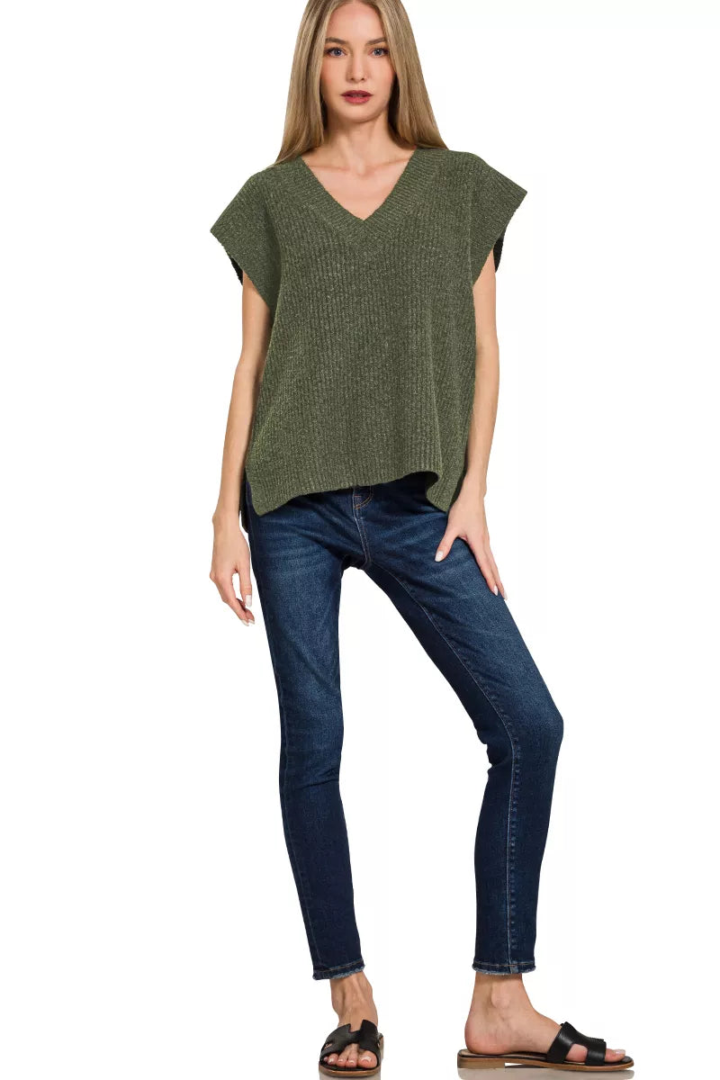 Zenana Dark Olive Ribbed Slit V-Neck Sweater Vest