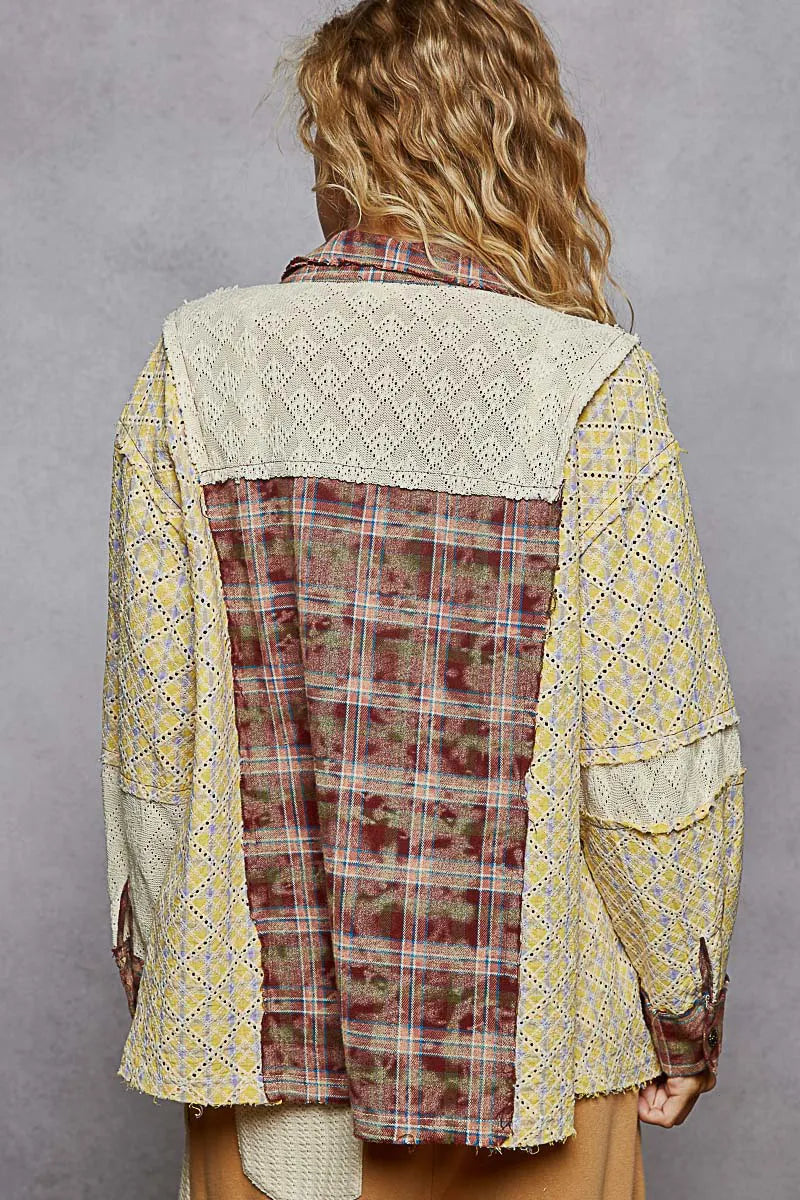 POL Oversized Studded Contrast Lace & Plaid Long Sleeve Shirt