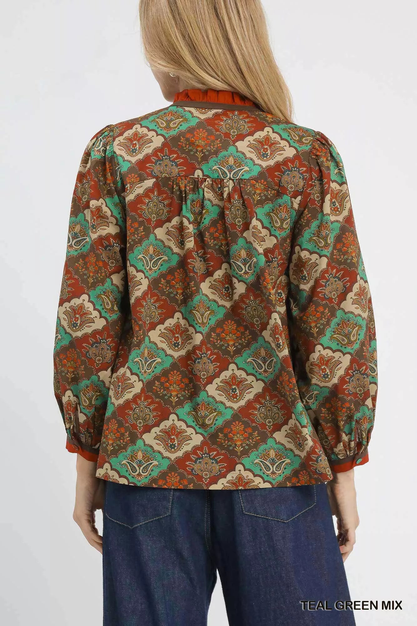 Umgee Teal Green Mix Abstract Print Ruffle Neck Blouse