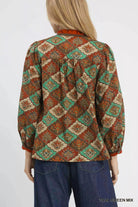 Umgee Teal Green Mix Abstract Print Ruffle Neck Blouse