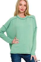 Zenana Light Jade Exposed Seam Long Sleeve Corded Rib Knit Top LT JADE