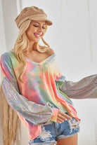 BiBi V Neck Tie Dye French Terry Top with Shiny Balloon Sleeves