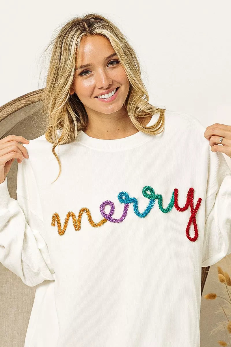 BiBi White Merry Tinsel Multi Lettering Drop Shoulder Sweatshirt
