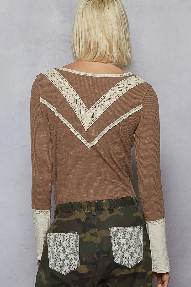 POL Chocolate Double Gauze Ribbed Half Button Lace Detail Knit Top