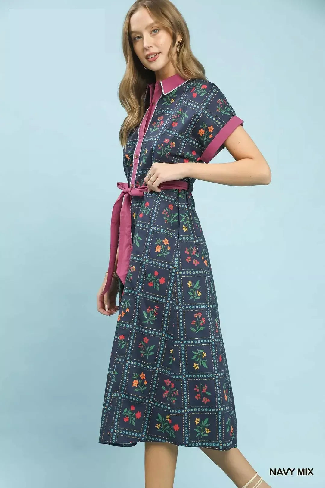 Umgee Navy Mix Floral Button-Front Midi Dress