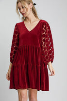 Umgee Burgundy Dotted Lace Sleeve Tiered Velvet Mini Dress Burgundy Dresses