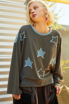 POL Charcoal Exposed Seam Relaxed Fit Sweater with Star Denim Patches CHARCOAL