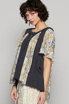 POL Deep Charcoal Frayed Hem Half Button Short Sleeve Printed Blouse