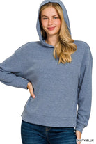 Zenana Dusty Blue Ribbed Long Sleeve Hoodie