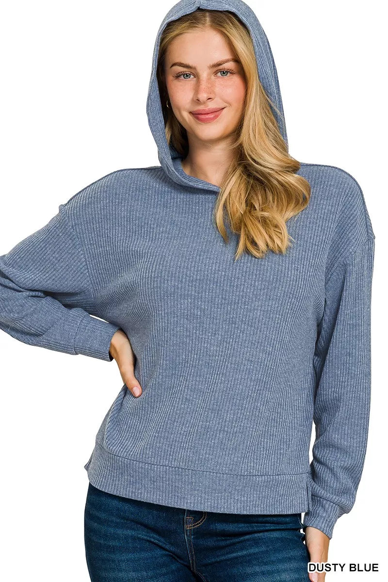 Zenana Dusty Blue Ribbed Long Sleeve Hoodie
