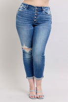 Judy Blue Medium Washed Button Fly Distressed Boyfriend Fit Jeans