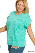 Zenana Turquoise Crinkle Washed Round Neck Folded Short Sleeve Tee