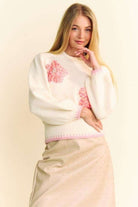 Davi & Dani Has Ivory Flower Patch Fuzzy Mock Neck Sweater Ivory