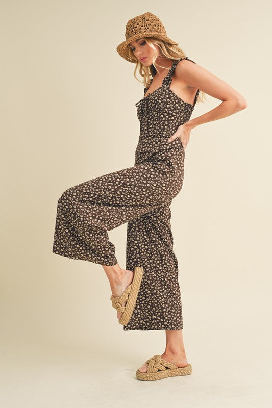 Aemi + Co Floral Sweetheart Neck Wide Leg Jumpsuit in Chocolate