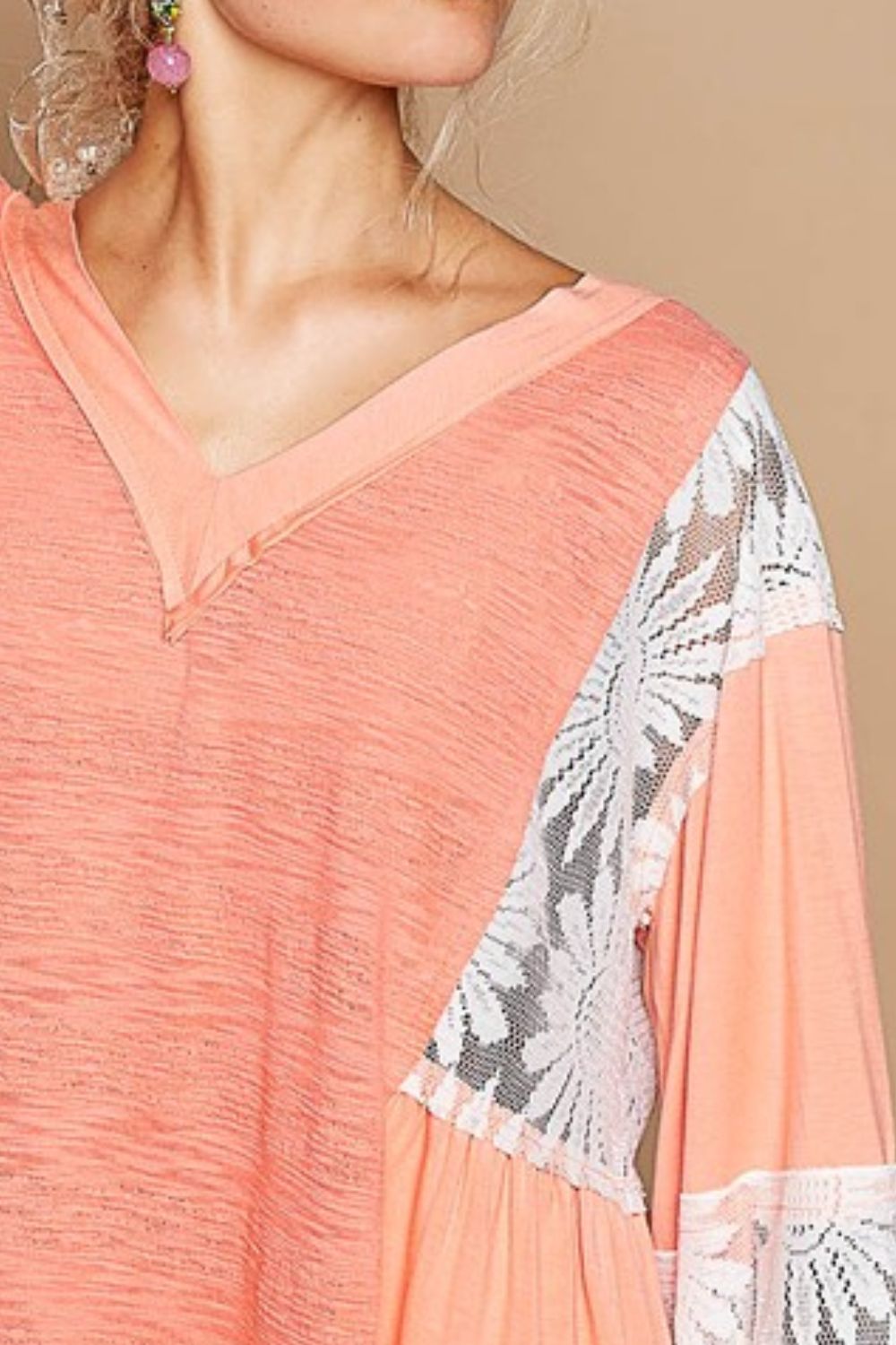 POL Coral Lace Detail V-Neck Flare Sleeve Blouse