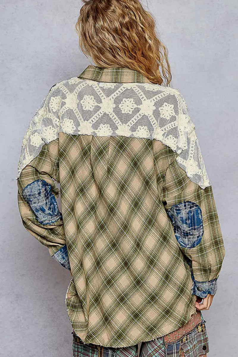 POL Olive & Blue Lace Patchwork Plaid Oversized Balloon Sleeve Shirt