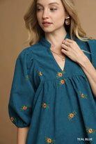 Umgee Teal Blue Corduroy Babydoll Dress with Floral Embroidery
