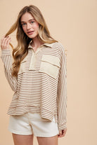 Annie Wear Taupe Striped Button Detail Long Sleeve Polo Top Taupe combo