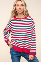 Haptics Red & Hunter Green Striped Contrast Side Slit Knit Top Trendsi