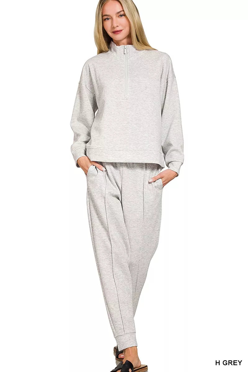 Zenana Heather Grey Scuba Half Zip Pullover and Jogger Set H GREY
