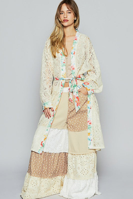 POL Floral Trim Lace Open Front Longline Cardigan in Natural NATURAL