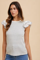 Annie Wear Light Gray Ruffled Striped Round Neck Cap Sleeve Knit Top