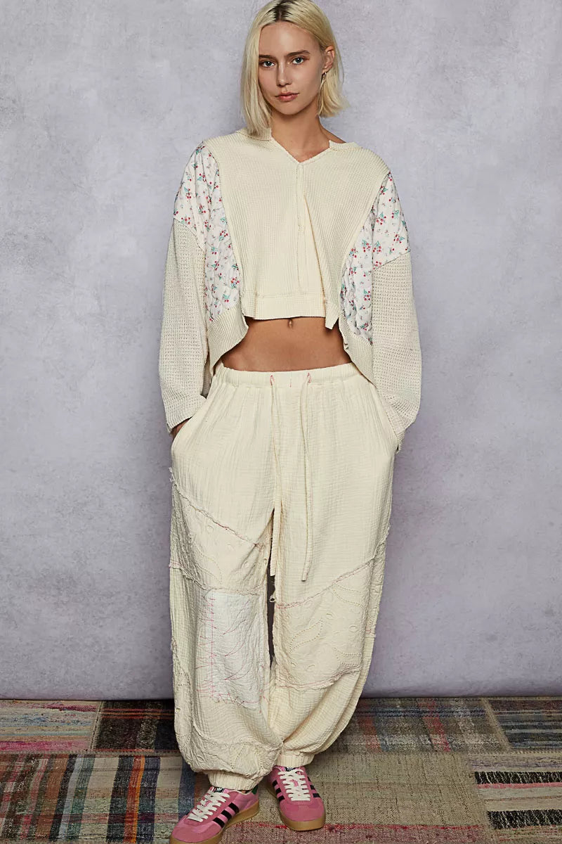 POL Cream Mix Thermal Floral Pattern Quilted Knit Cropped Top with Raw Edge Detail