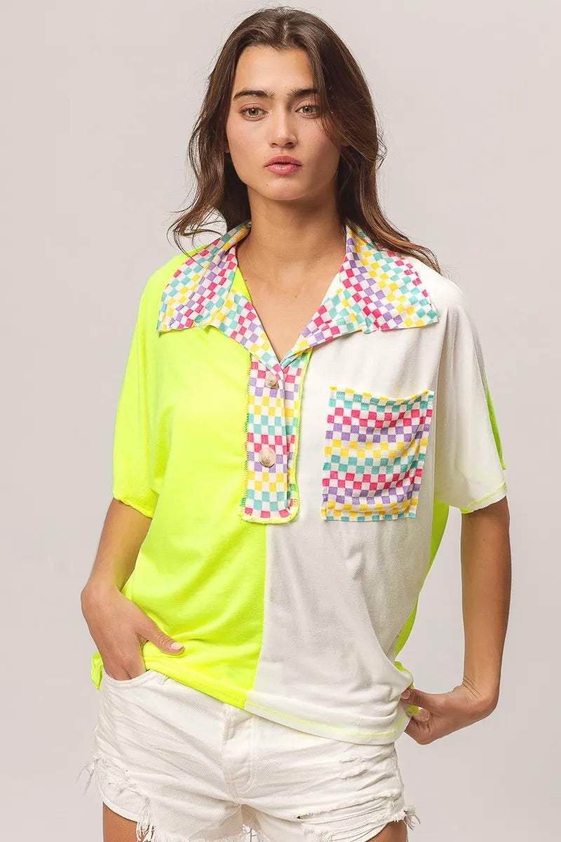 BiBi Neon Yellow Color Block Knit with Multi Checker Contrast Top