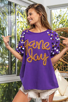 BiBi Purple & Gold Game Day Metallic Letter Spangle Sleeve Top