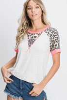 Heimish Ivory Leopard Round Neck Short Sleeve T-Shirt with Stitch