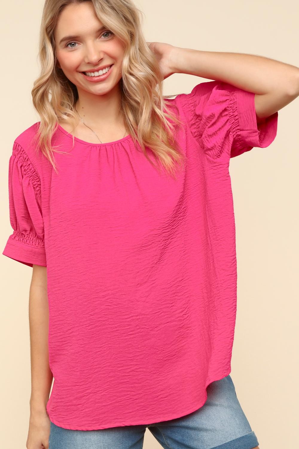 Haptics Solid Fuchsia Silk Shirred Cap Short Sleeve Blouse