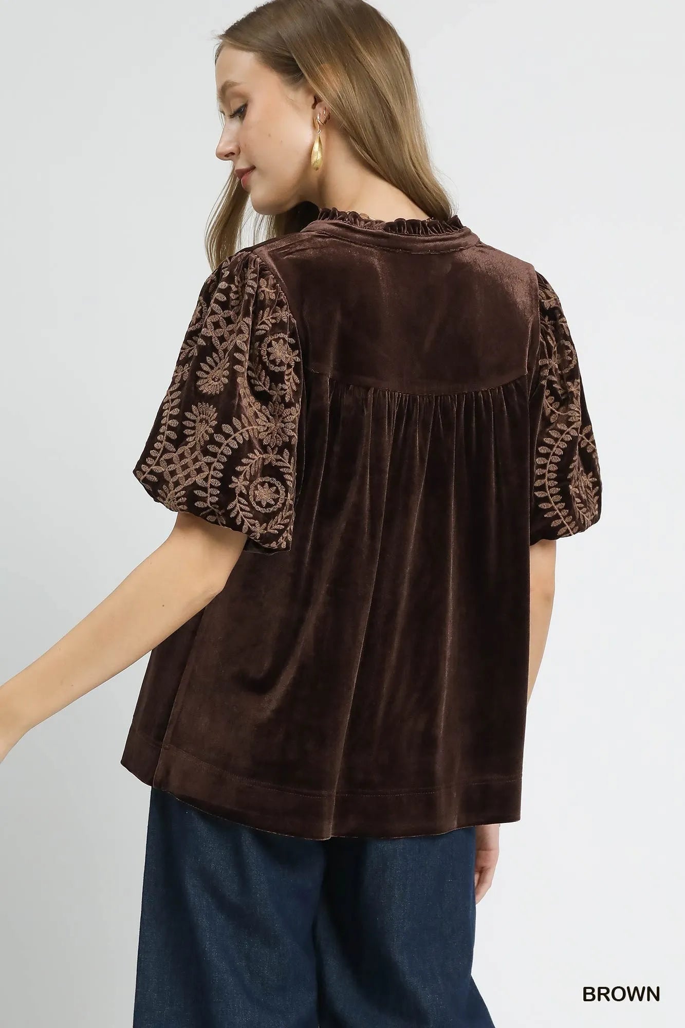 Umgee Brown Velvet Embroidered Sleeve Blouse