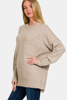 Zenana Heather Mocha High-Low Hem Drop Shoulder Sweater Trendsi