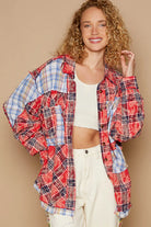 POL Ted Multi Plaid Patchwork Long Sleeve Button Down Shirt with Raw Edge Detail