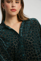 Umgee Animal Print Button Up Velvet Blouse in Hunter Green