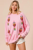 BiBi Light Pink Sequin Nutcrackers Embroidery Christmas Sweatshirt LT PINK
