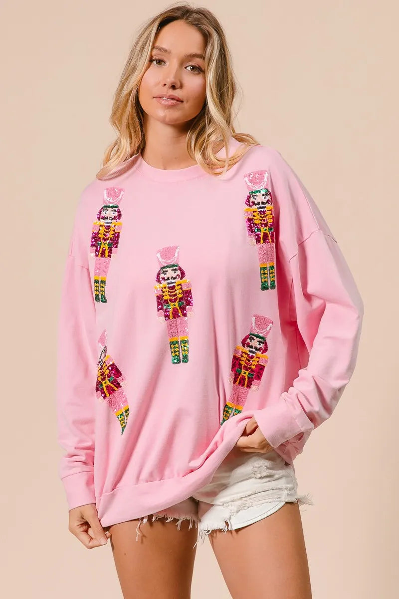 BiBi Light Pink Sequin Nutcrackers Embroidery Christmas Sweatshirt LT PINK
