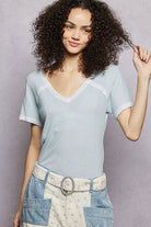 POL Powder Blue Lace Detail V-Neck Short Sleeve Textured T-Shirt POWDER BLUE