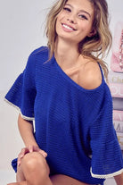 BiBi Royal Blue Popcorn Waffle Knit Top with Pompom Lace