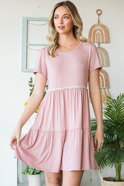 Heimish Dusty Rose Solid Mini Tiered Dress with Pompom Lace