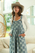 BiBi Denim Washed Vintage Checker Wide Legs Overalls