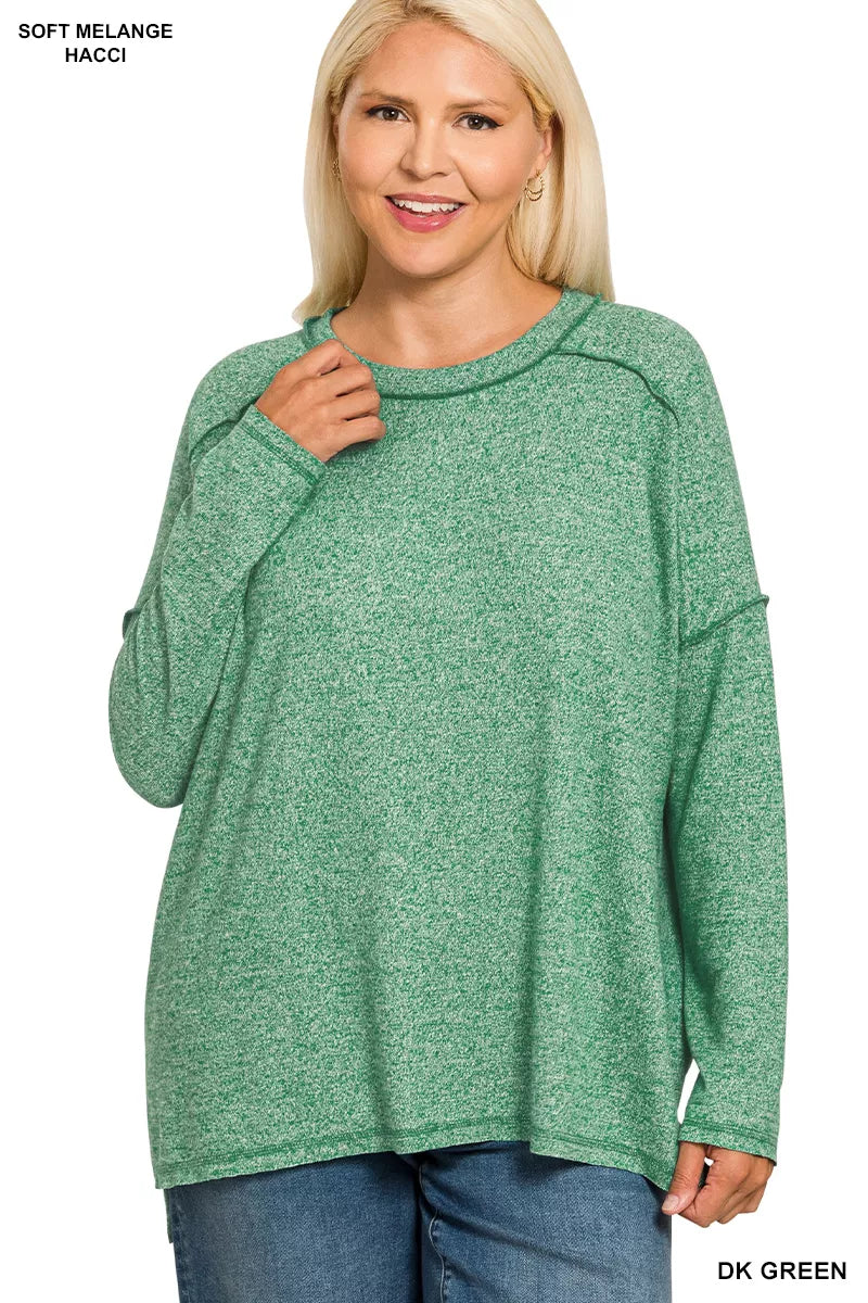 Zenana Dark Green Melange Hacci Exposed Seam Hi-low Top DK GREEN